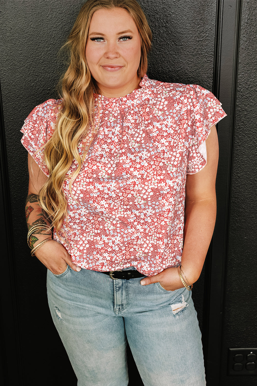 Pink Plus Size Floral Print Ruffled Sleeve Frilled Neck Blouse - Ballimart