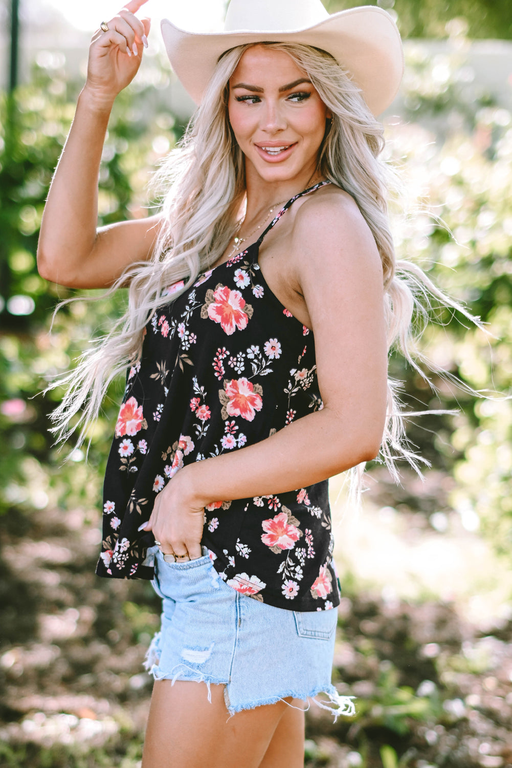 Black Floral Spaghetti Straps Strappy Back Tank Top - Ballimart