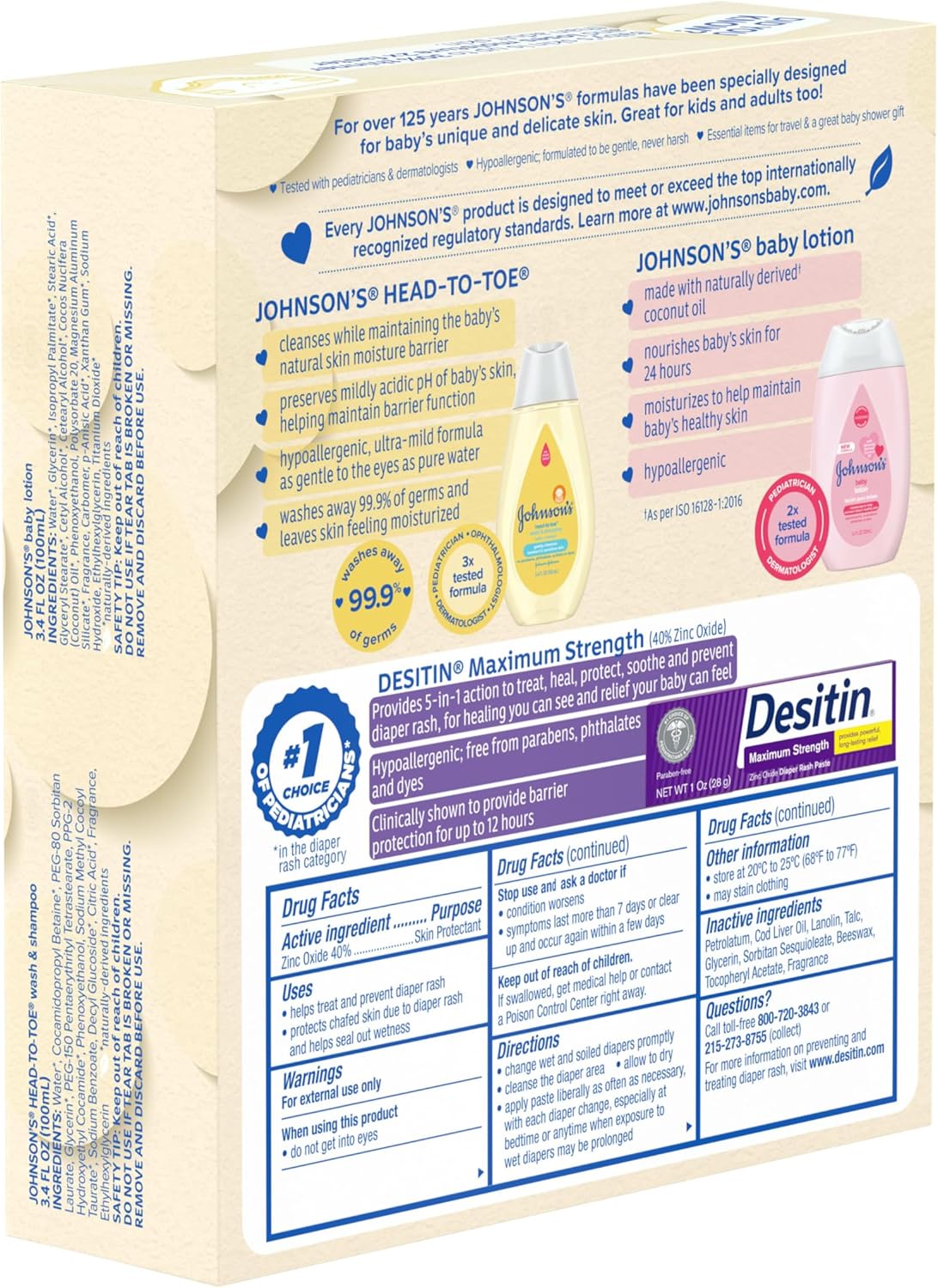 Johnson's Baby Care Essentials Gift Set – 3 Travel-Size Baby Bath & Skincare Products, Lotion & Diaper Rash Paste for Baby’s Delicate Skin – Perfect Baby Shower Gift