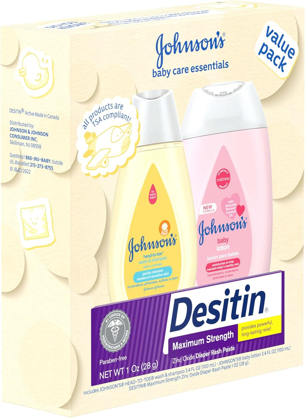 Johnson's Baby Care Essentials Gift Set – 3 Travel-Size Baby Bath & Skincare Products, Lotion & Diaper Rash Paste for Baby’s Delicate Skin – Perfect Baby Shower Gift