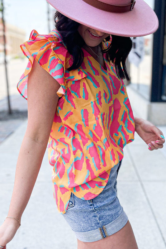 Orange Abstract Print V Neck Ruffled Sleeve Blouse - Ballimart
