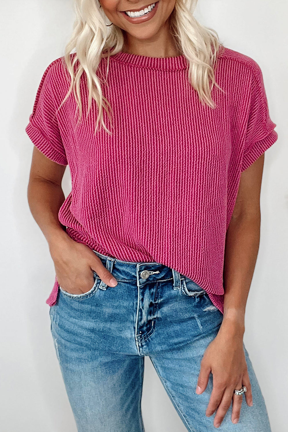 Rose Red Textured Knit Exposed Stitching T-shirt - Ballimart