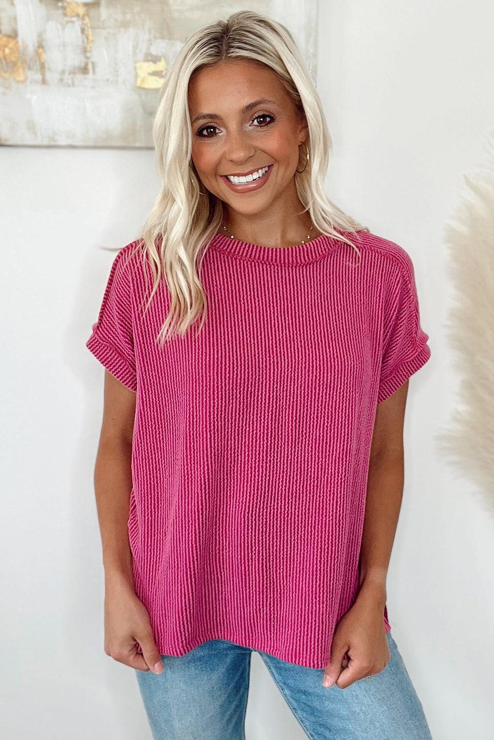 Rose Red Textured Knit Exposed Stitching T-shirt - Ballimart