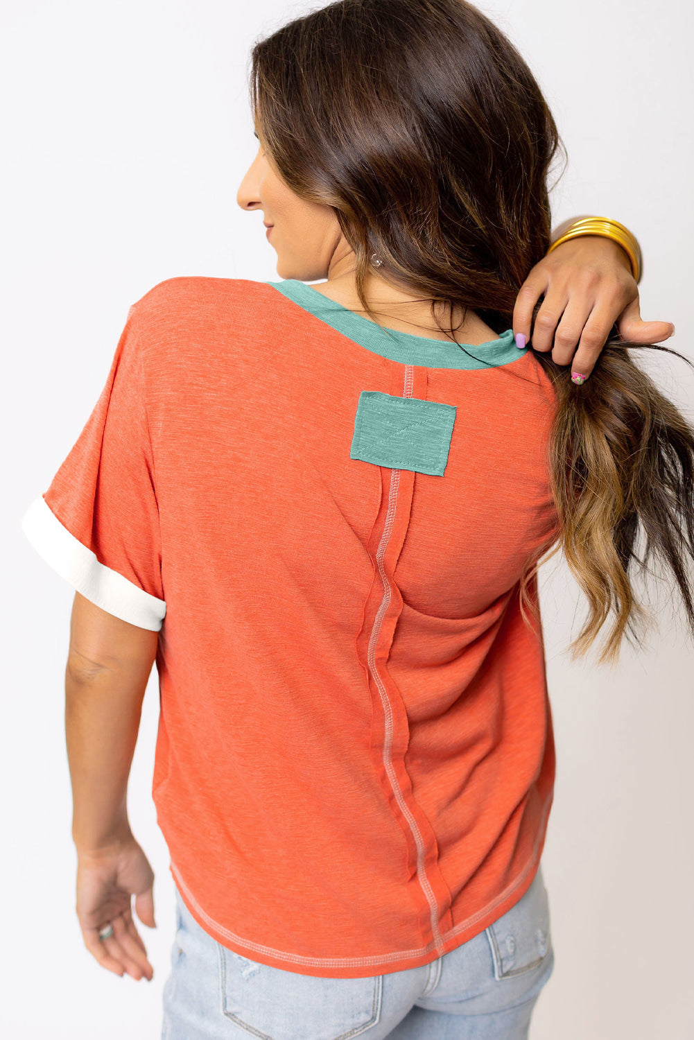 Grapefruit Orange Contrast Trim Exposed Seam V Neck T-shirt - Ballimart
