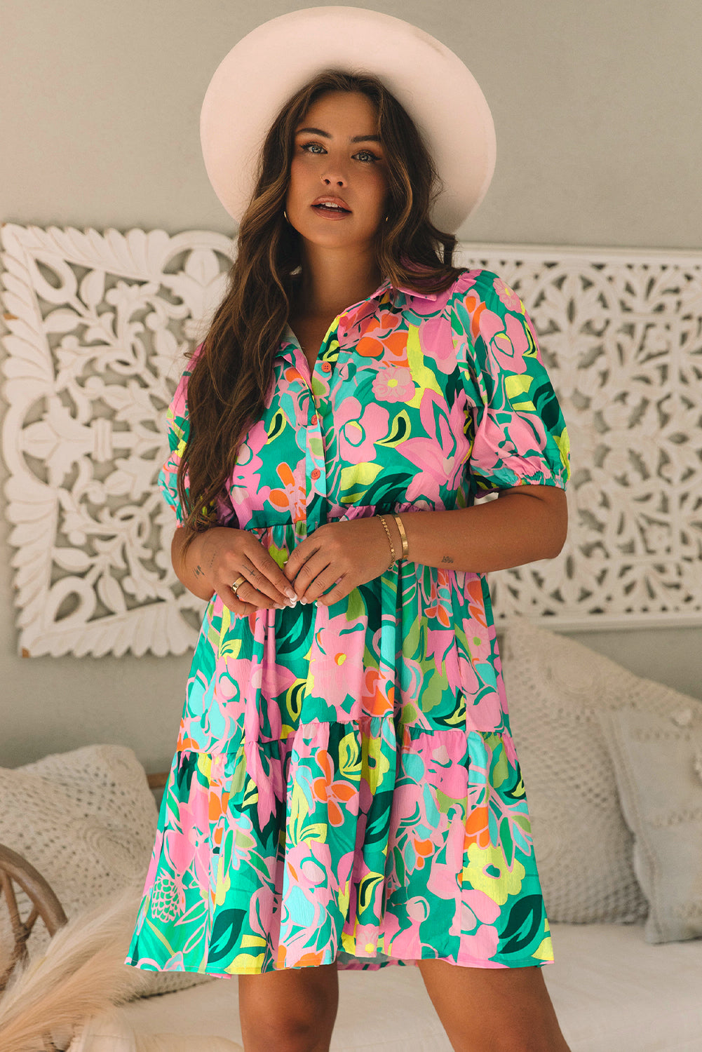 Green Floral Puff Sleeve Collar Buttoned Babydoll Dress - Ballimart