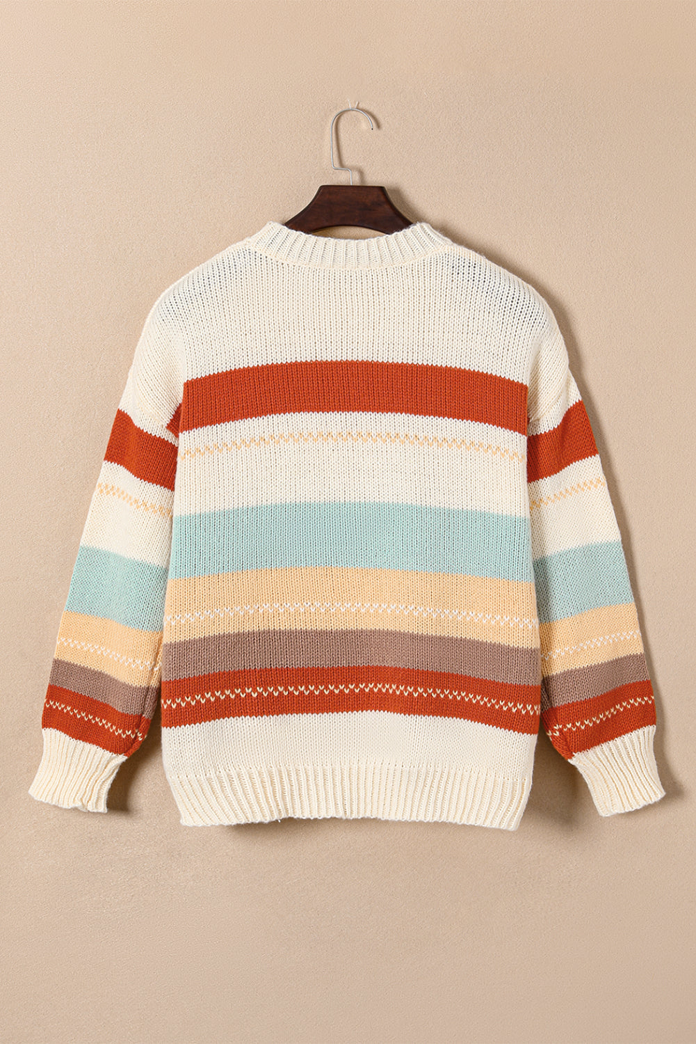 Crew Neck Drop-shoulder Striped Color Block Sweater - Ballimart