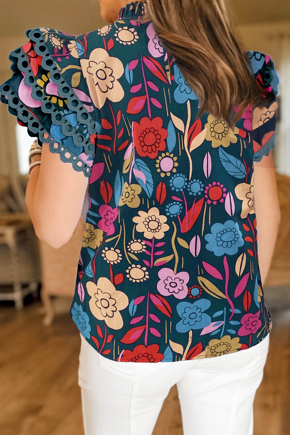 Green Trimmed Ruffle Sleeve Summer Floral Blouse - Ballimart