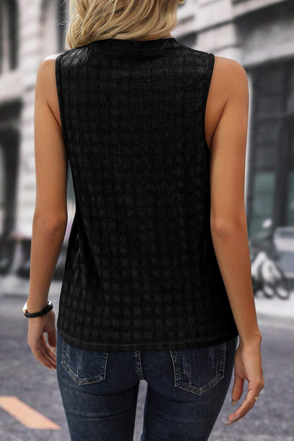 Black Lattice Textured Split Neck Tank Top - Ballimart