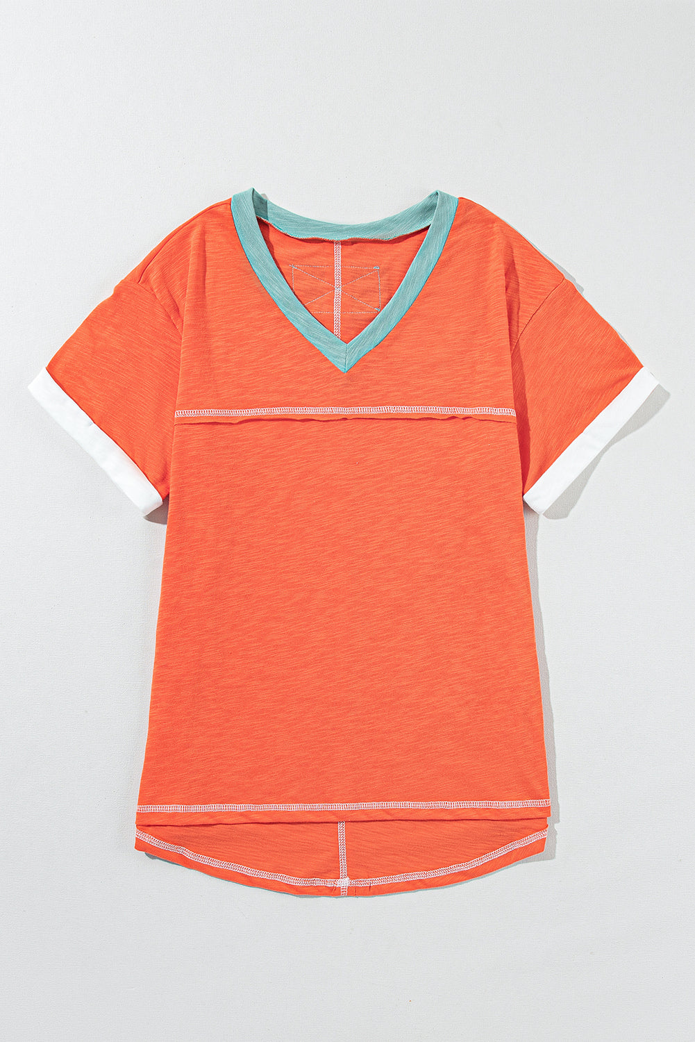 Grapefruit Orange Contrast Trim Exposed Seam V Neck T-shirt - Ballimart