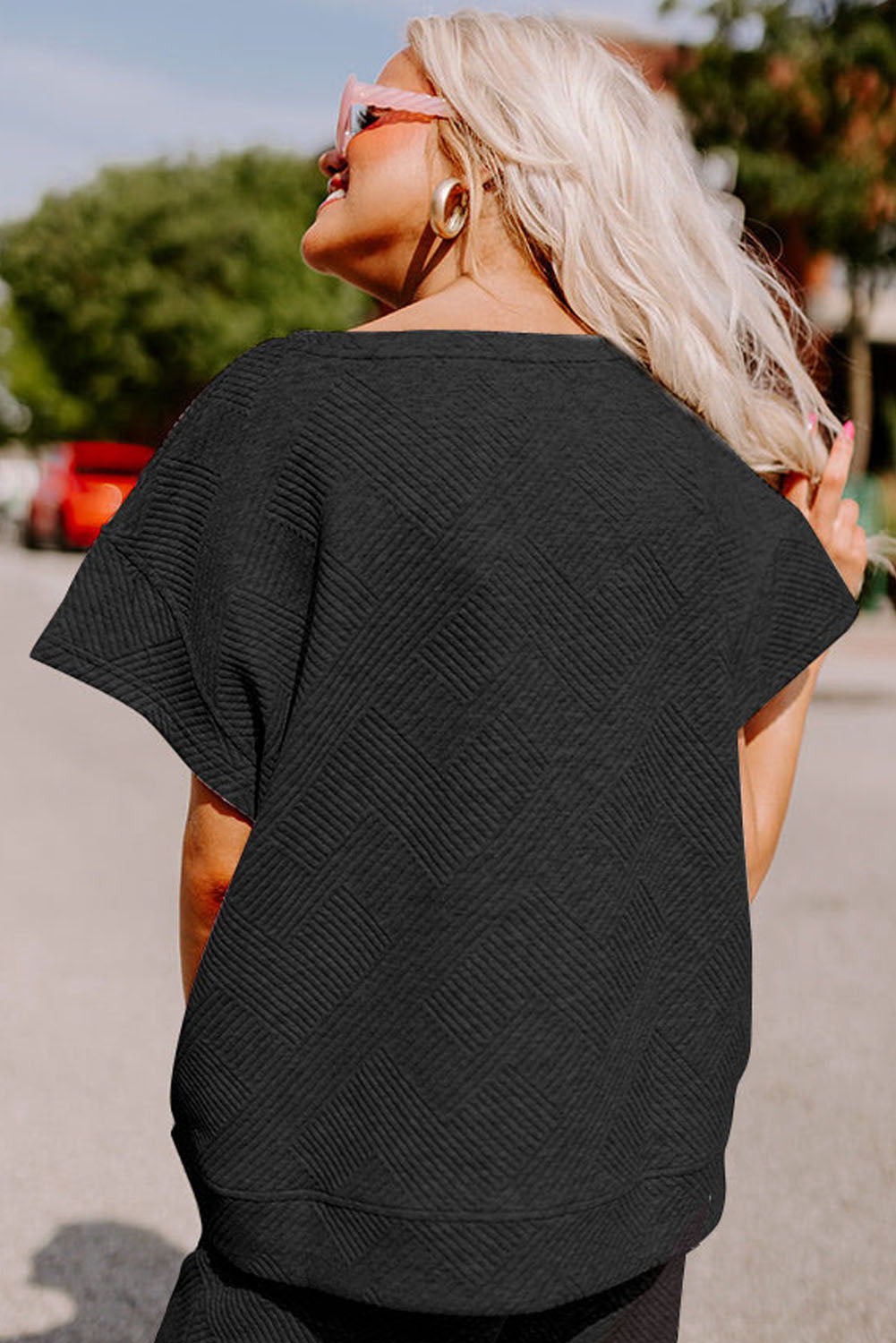 Black Textured Loose Fit T Shirt and Drawstring Pants Set - Ballimart