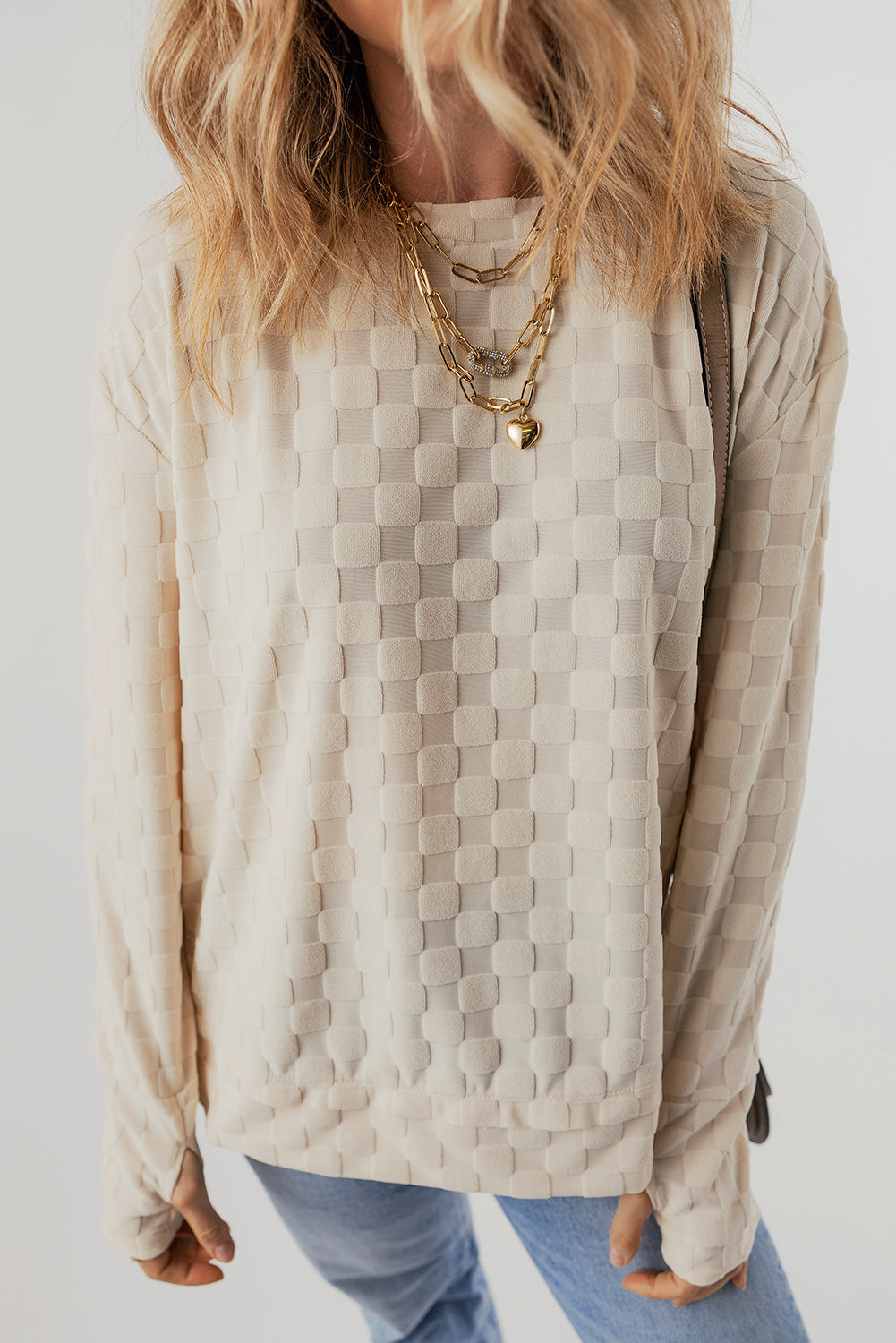 Beige Solid Textured Thumbhole Sleeve Top - Ballimart