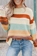 Crew Neck Drop-shoulder Striped Color Block Sweater - Ballimart