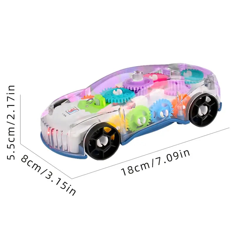 Coche de juguete con engranaje transparente, luz de color, música eléctrica, concepto Universal