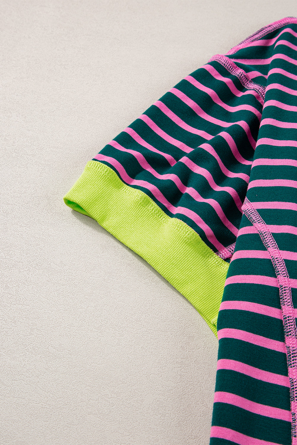 Green Stripe Oversized Contrast Trim Exposed Seam High Low T Shirt - Ballimart
