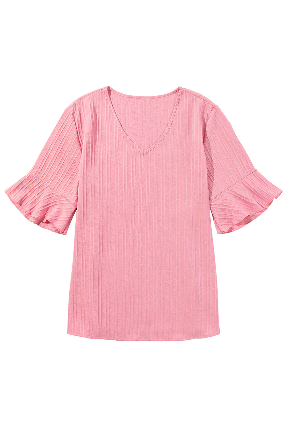 Peach Blossom Ruffled Half Sleeve V Neck Textured Plus Top - Ballimart