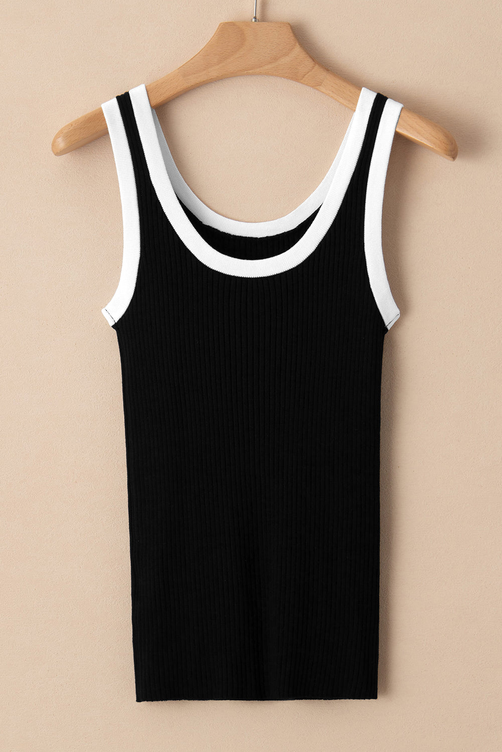 Black Colorblock Edge Ribbed Knit U Neck Tank Top - Ballimart