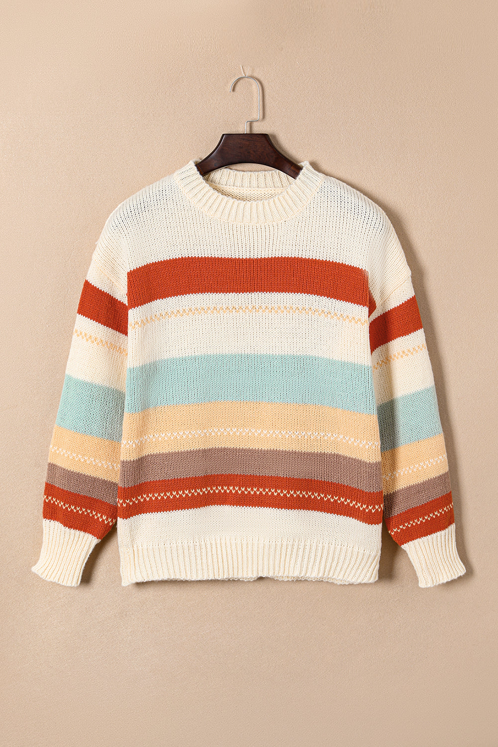 Crew Neck Drop-shoulder Striped Color Block Sweater - Ballimart