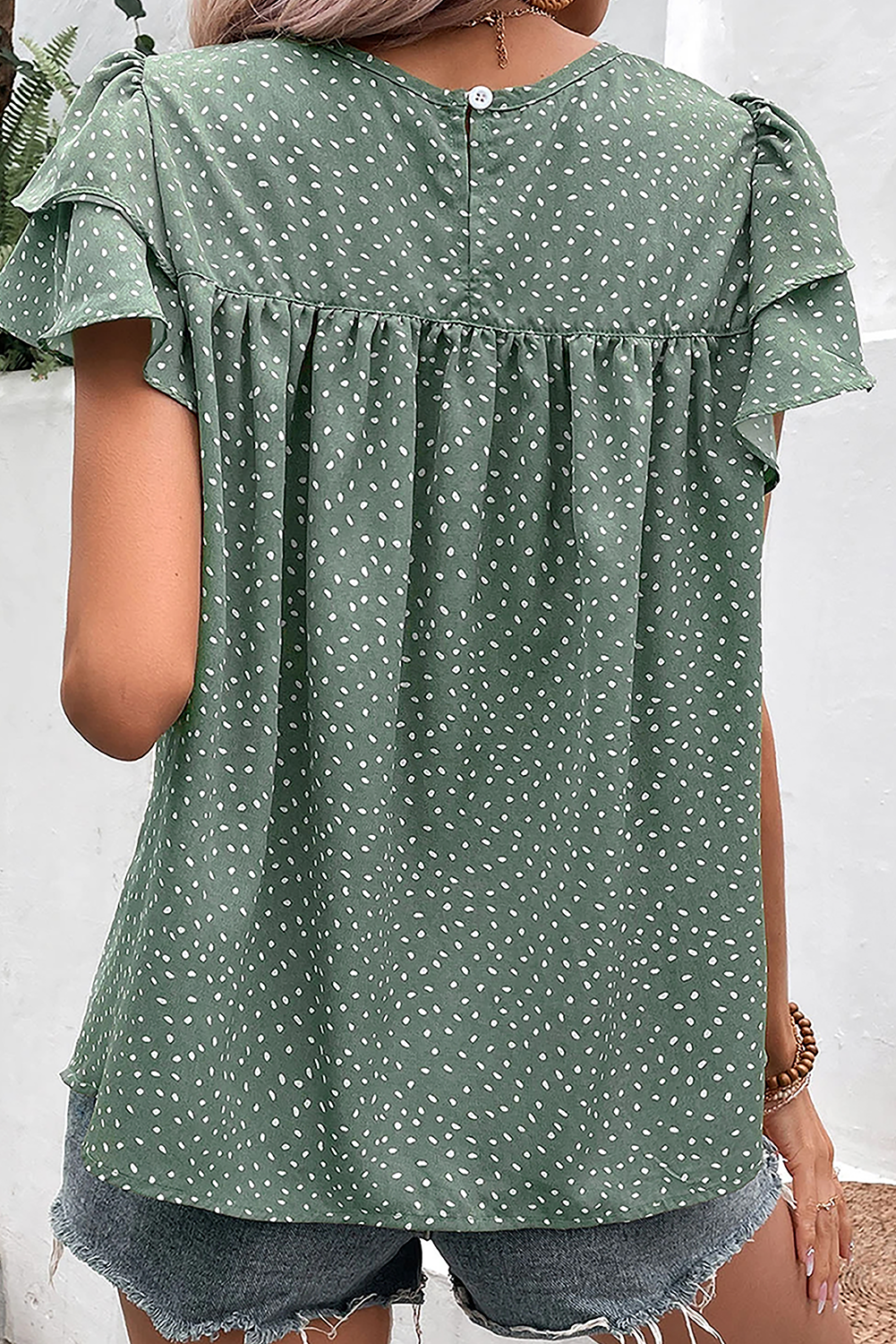 Laurel Green Dotted Ruffle Sleeve Crew Neck Ruched Blouse - Ballimart