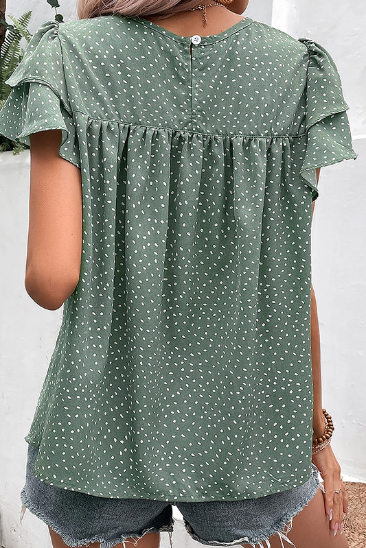 Laurel Green Dotted Ruffle Sleeve Crew Neck Ruched Blouse - Ballimart