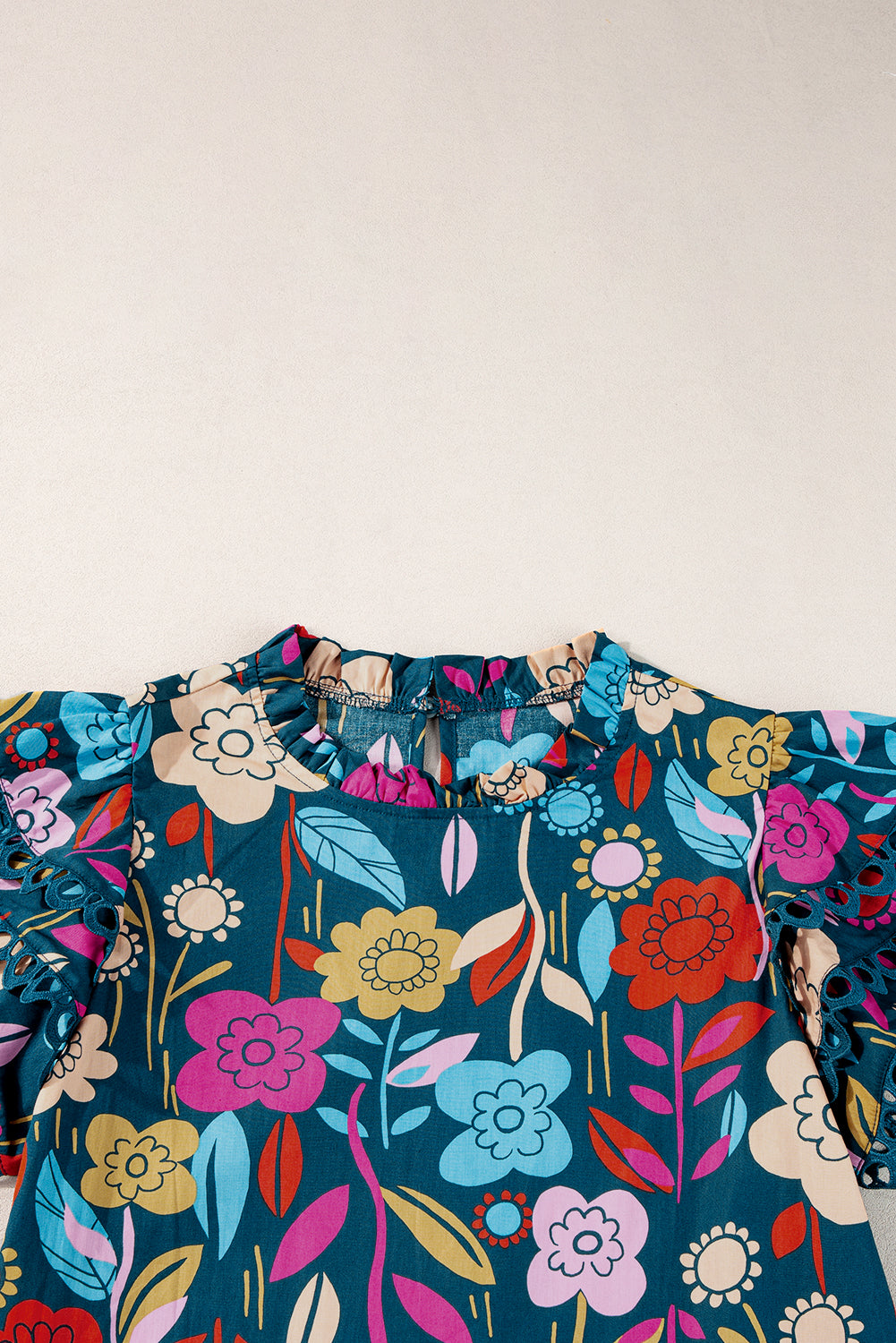 Green Trimmed Ruffle Sleeve Summer Floral Blouse - Ballimart