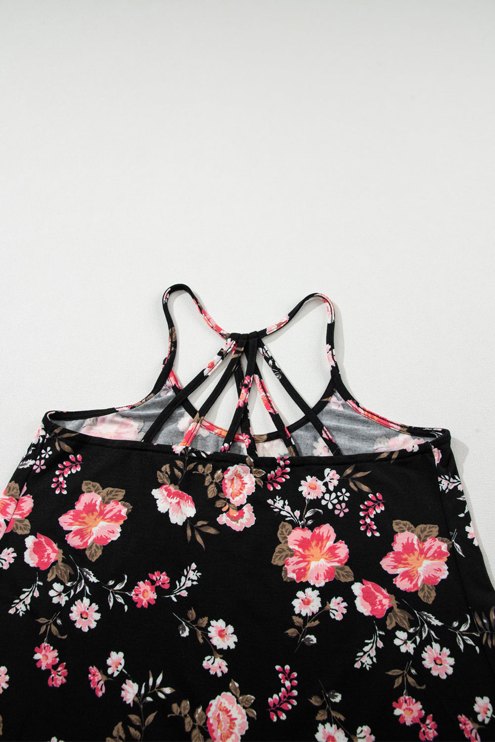 Black Floral Spaghetti Straps Strappy Back Tank Top - Ballimart
