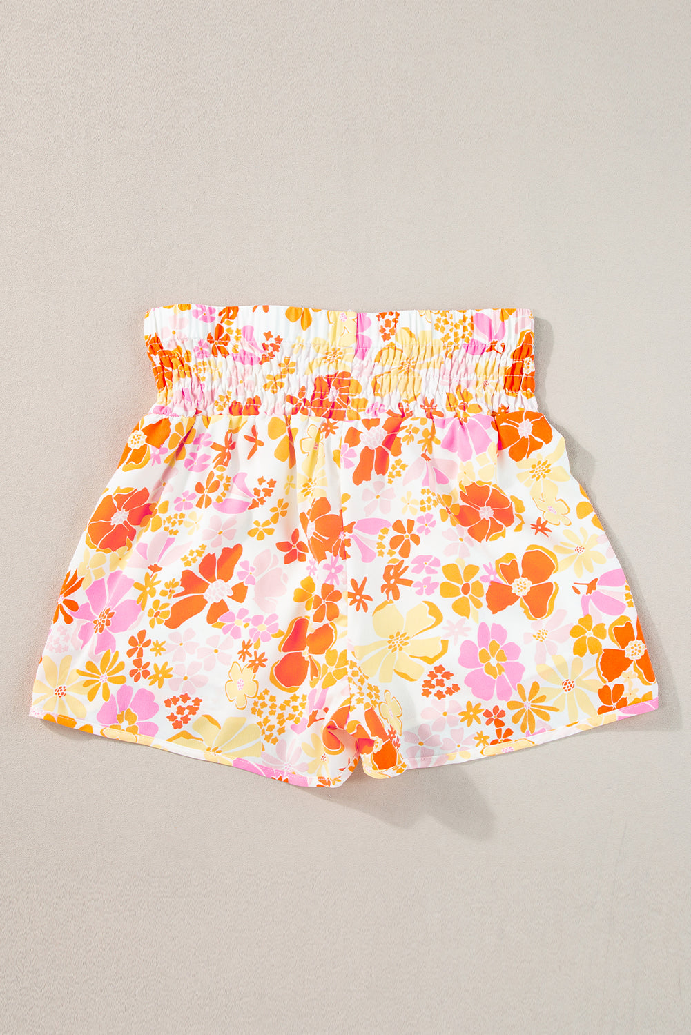 Orange Boho Floral Shirred High Waist Casual Shorts - Ballimart
