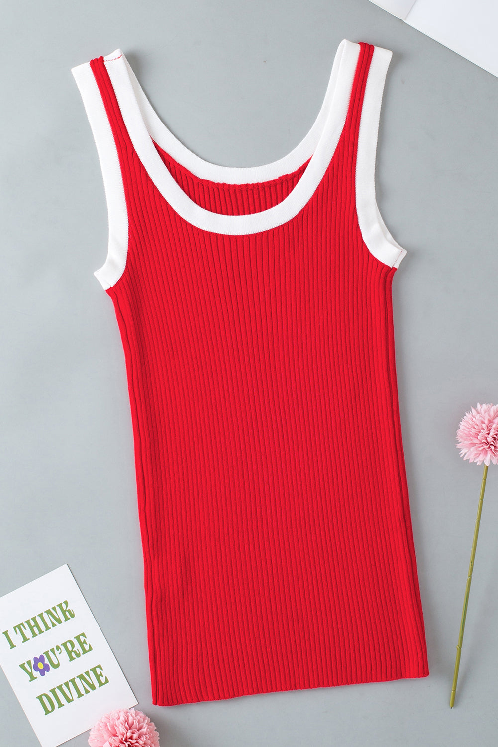 Fiery Red Colorblock Edge Ribbed Knit U Neck Tank Top - Ballimart