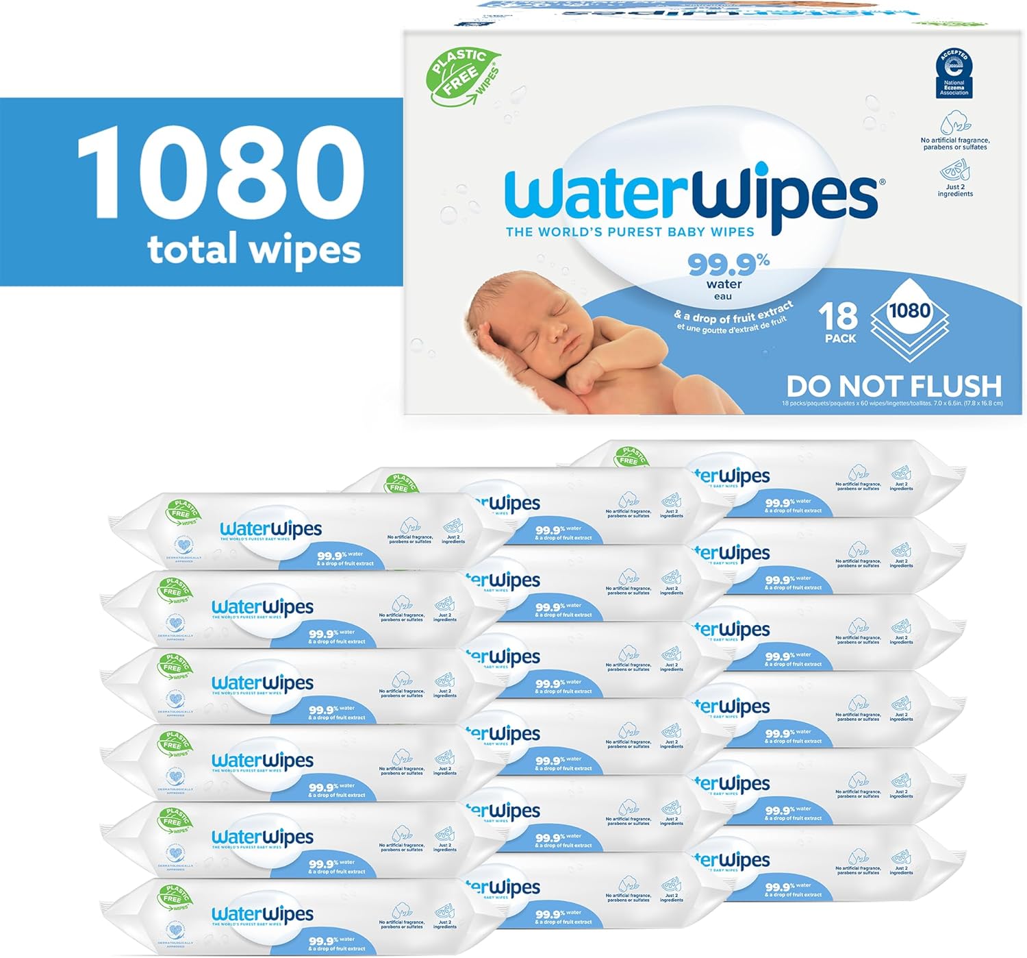 WaterWipes Plastic-Free Original Baby Wipes – 99.9% Water-Based, Unscented & Hypoallergenic for Sensitive Skin, 1080 Count (18 Packs)