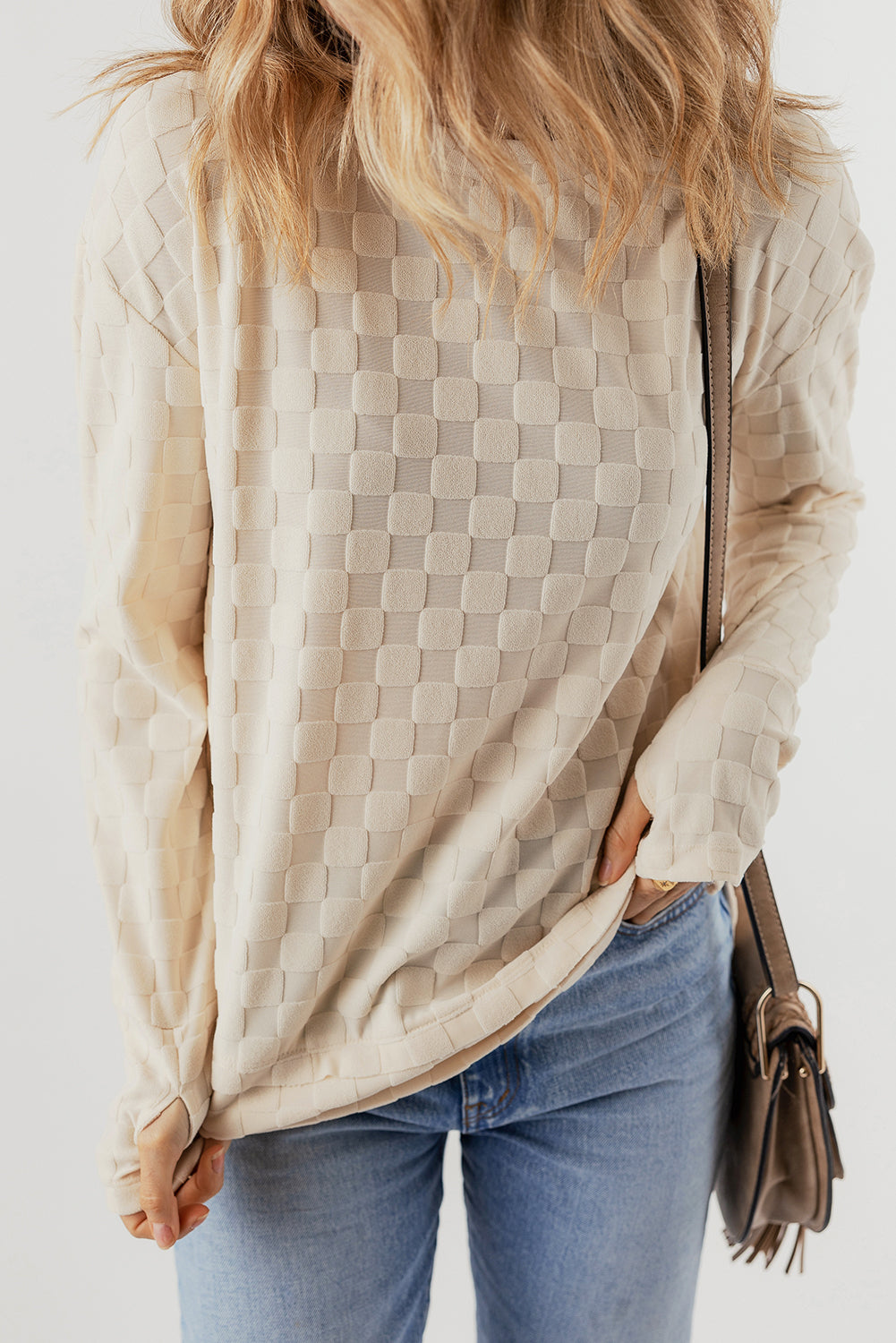 Beige Solid Textured Thumbhole Sleeve Top - Ballimart