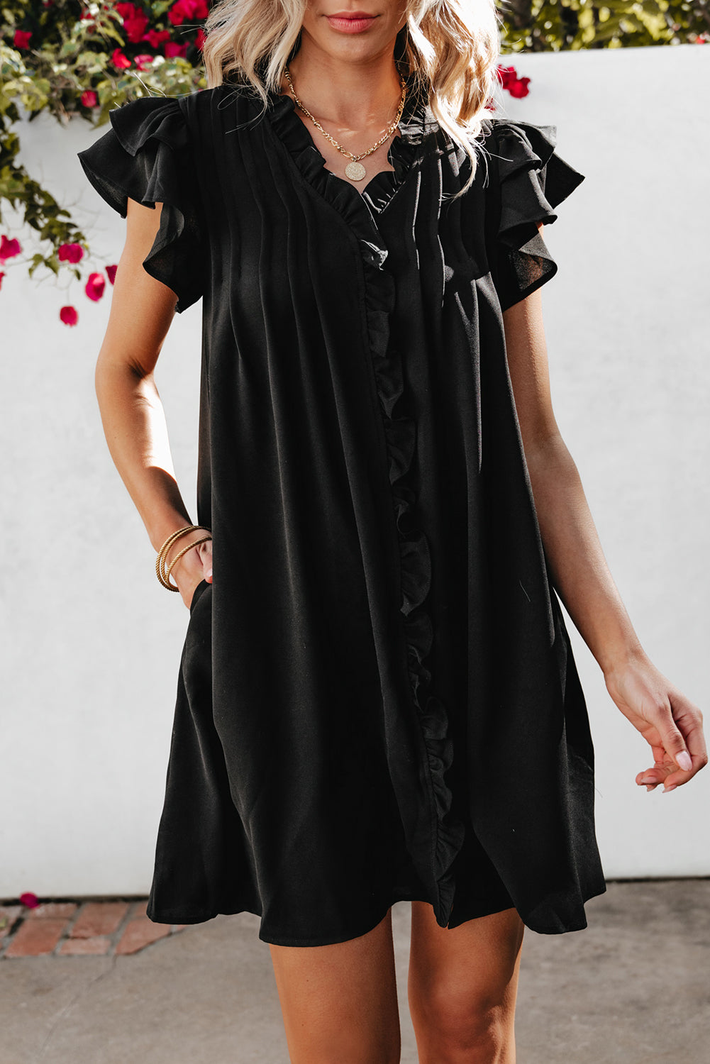 Black Ruffle Sleeve V Neck Frilled Shift Dress - Ballimart