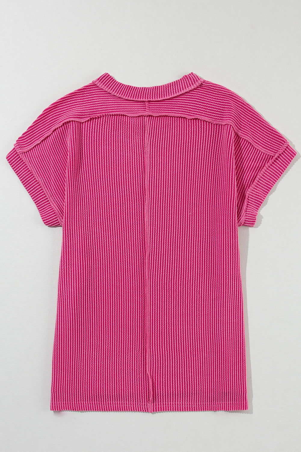 Rose Red Textured Knit Exposed Stitching T-shirt - Ballimart