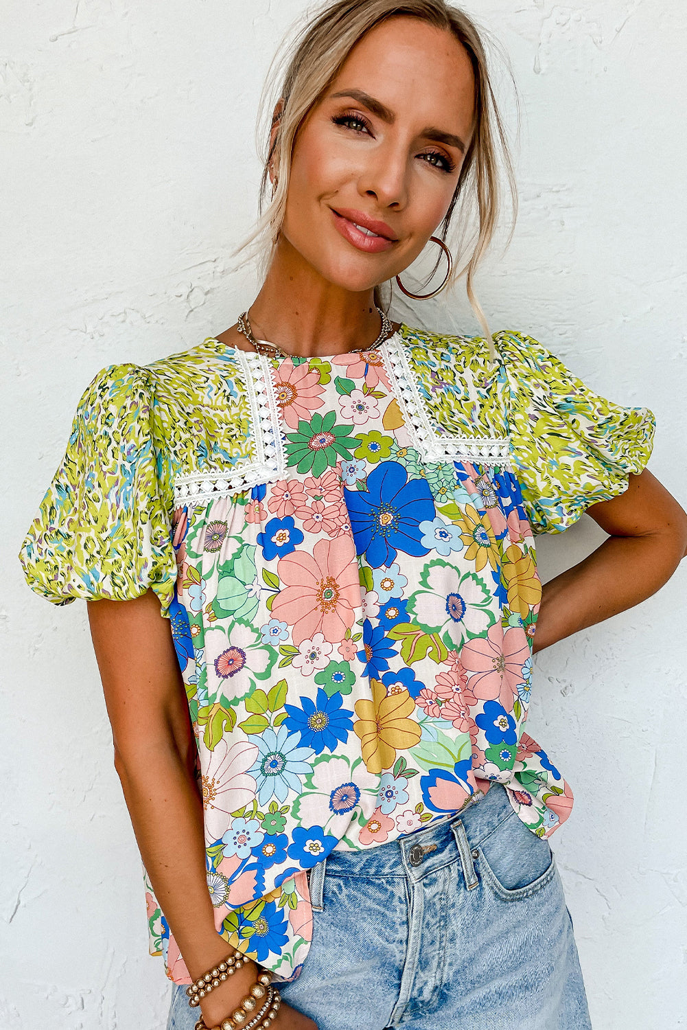 Green Bubble Sleeve Lace Trim Floral Mixed Print Blouse - Ballimart