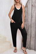 Black Side Pockets Harem Pants Sleeveless V Neck Jumpsuit - Ballimart