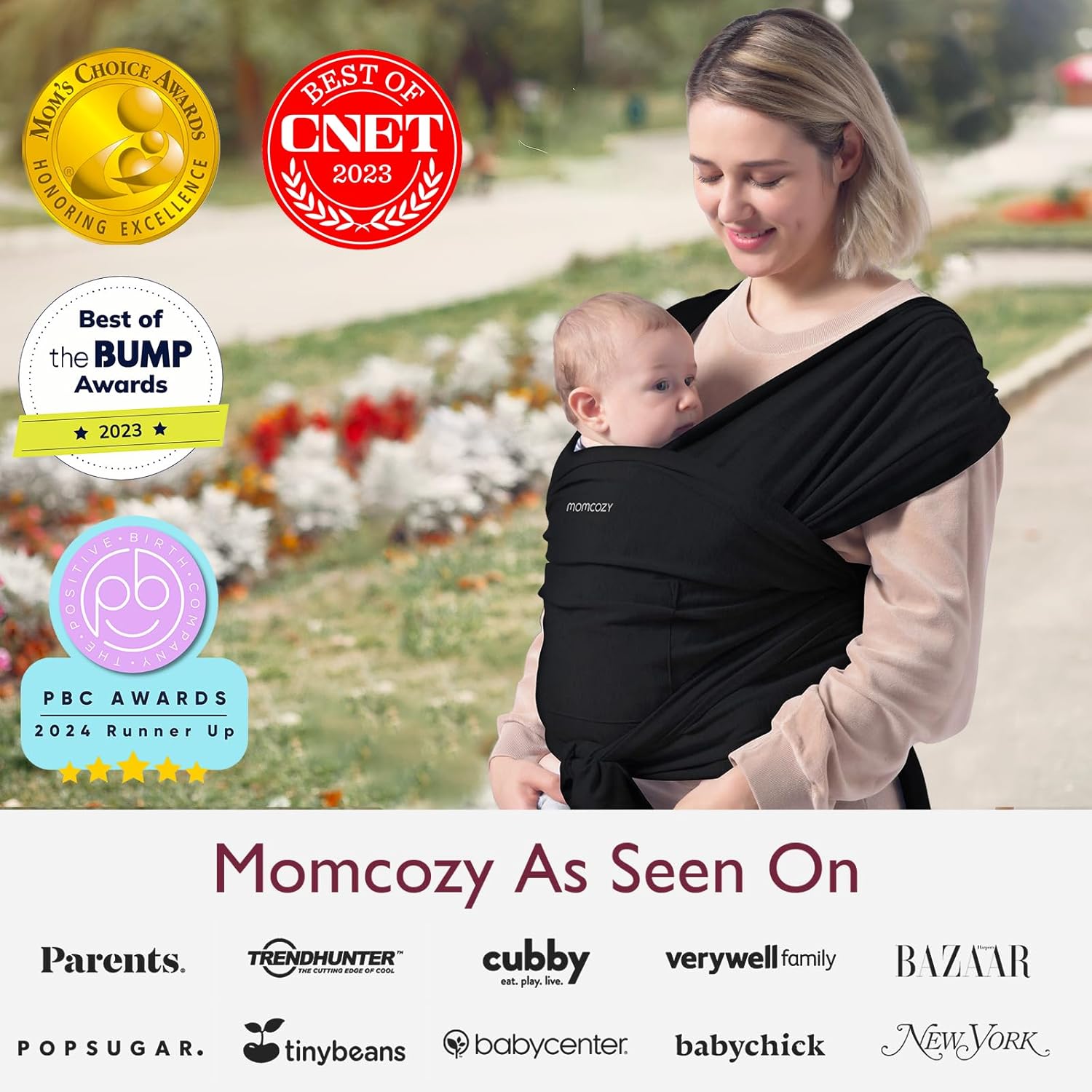 Momcozy Baby Wrap Carrier – Adjustable, Lightweight Baby Sling for Newborn to Toddler (8-35 lbs), Hands-Free Infant Carrier, Black