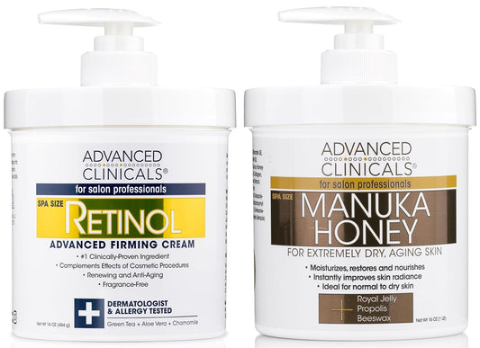 Advanced Clinicals Retinol Body Lotion & Manuka Honey Cream Set | Anti-Aging Treatment for Crepey & Sagging Skin | Hydrating Moisturizer for Face & Body, 2pc