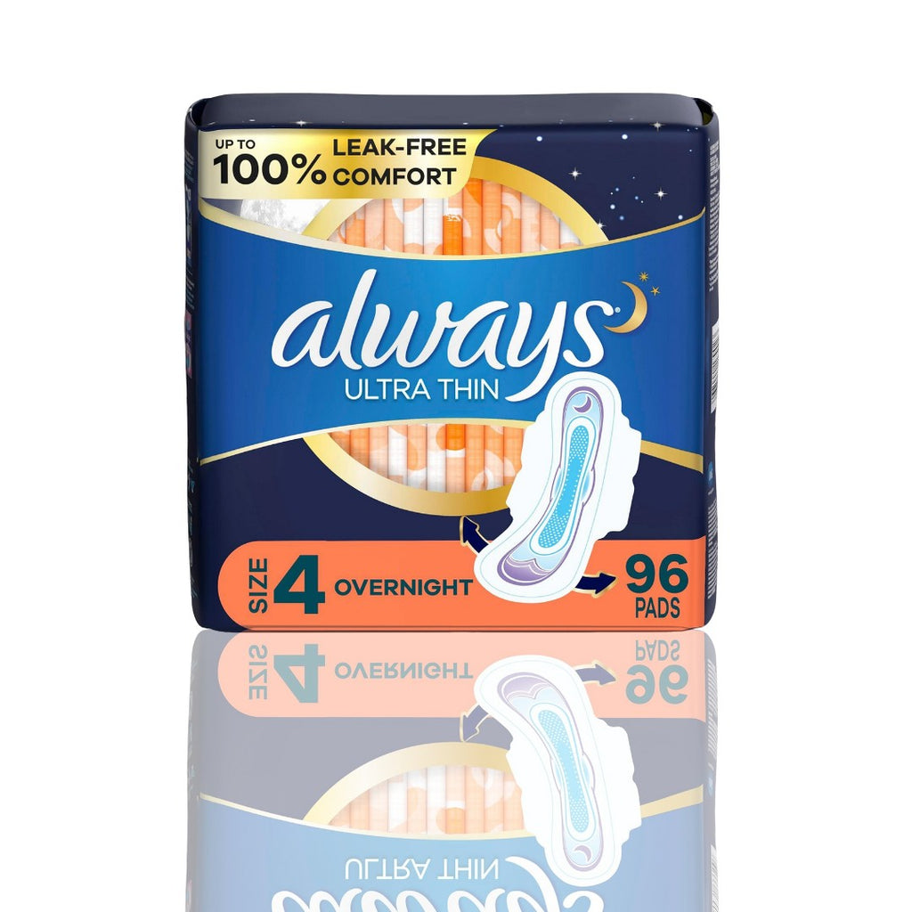 Always Ultra Thin Overnight Pads with Wings, Size 4 | 96 Count | 100% Leak-Free Comfort & Protection - Ballimart