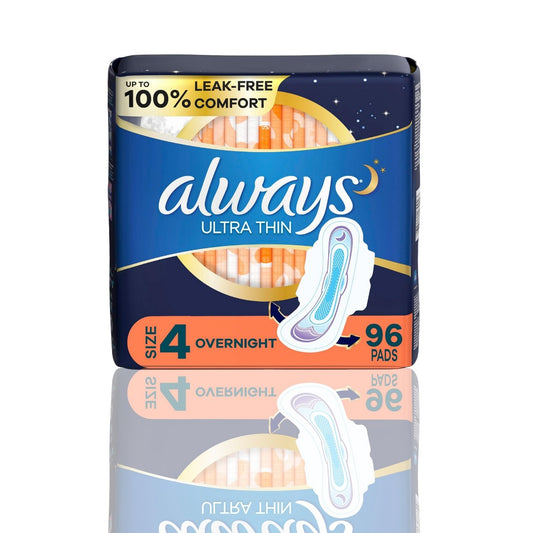 Always Ultra Thin Overnight Pads with Wings, Size 4 | 96 Count | 100% Leak-Free Comfort & Protection - Ballimart