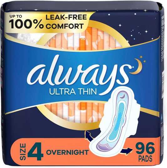 Always Ultra Thin Overnight Pads with Wings, Size 4, 96 Count – 100% Leak-Free, Rapid DRY Absorption, Odor Control