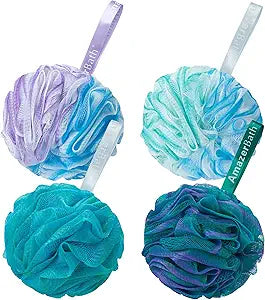 Four bath pouf sponges with handles in blue, green, and purple colors.