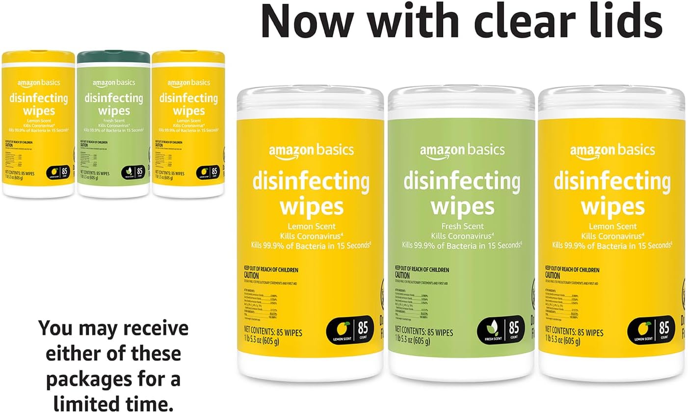 Amazon Basics Disinfecting Wipes, Lemon & Fresh Scent | 255 Count (3 Packs of 85