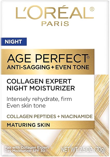 L'Oreal Paris Age Perfect Collagen Expert Night Moisturizer with Collagen Peptides and Niacinamide – Anti-Aging & Anti-Wrinkle Hydrating Cream for Mature Skin, 2.5 oz