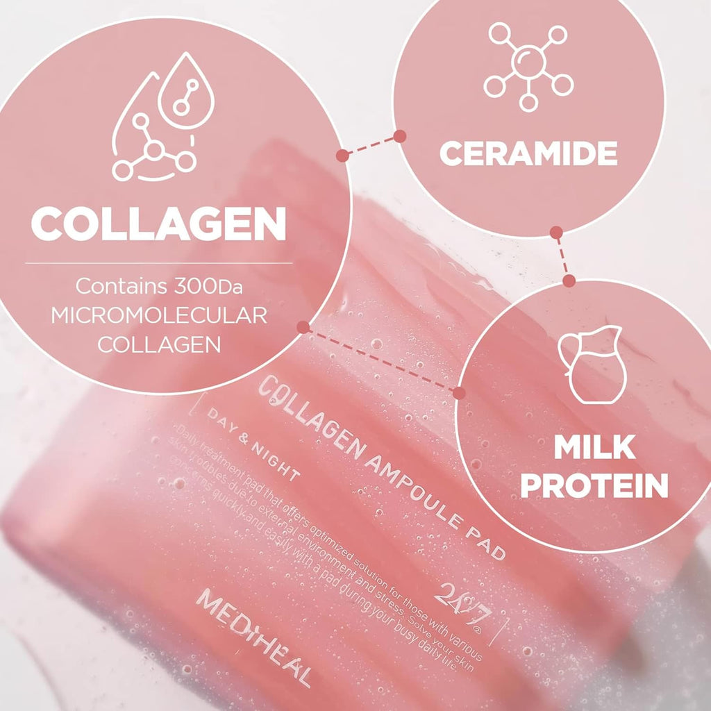 MEDIHEAL Collagen Ampoule Pads – Vegan Toner Pads for Firming Skin & Wrinkle Care | Collagen, Ceramide, & Milk Protein | Korean Skincare, 100 Pads