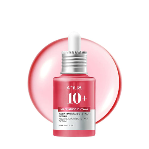 Anua 10+ serum bottle with dropper on a white background