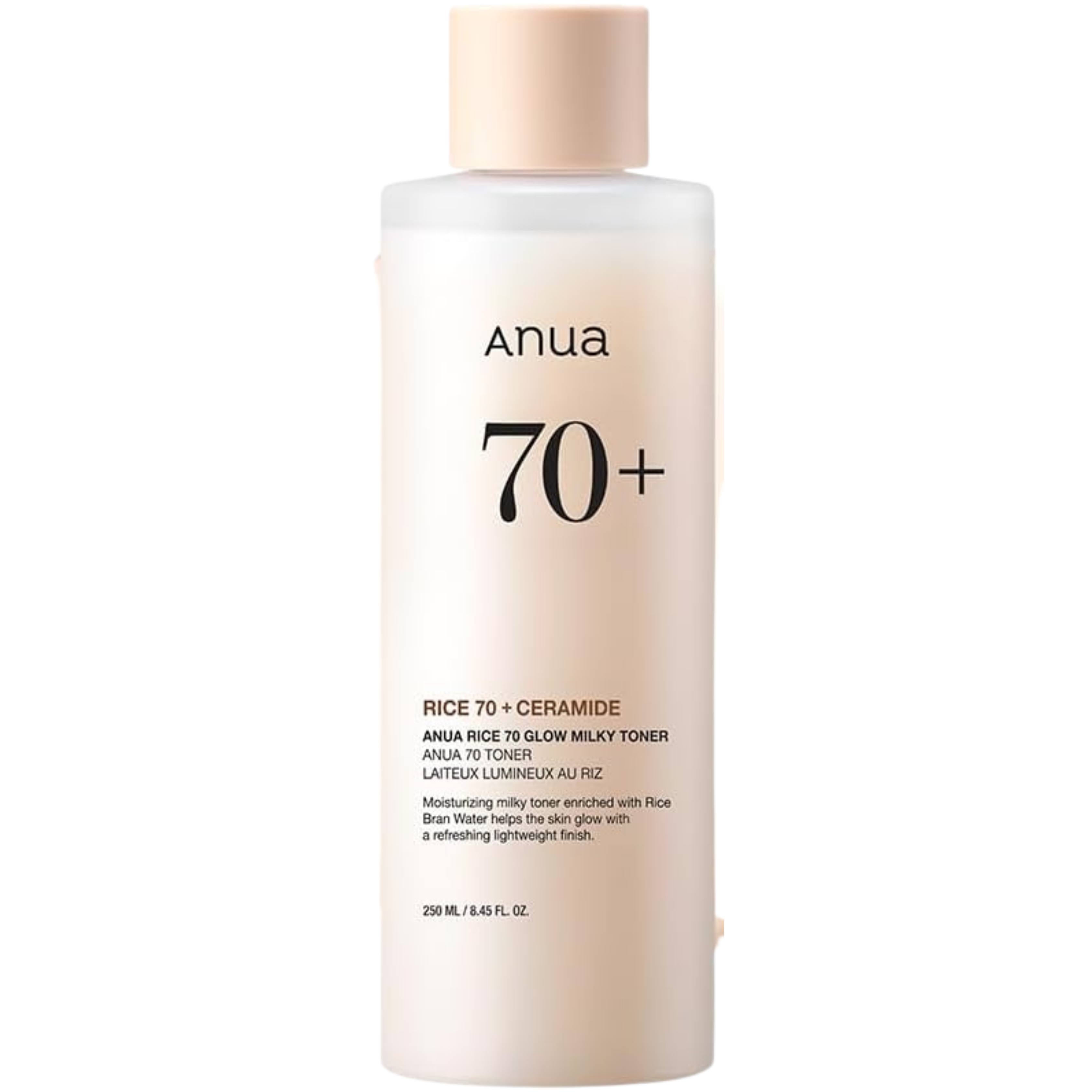 Anua 70+ Rice 70 + Ceramide toner bottle on a white background