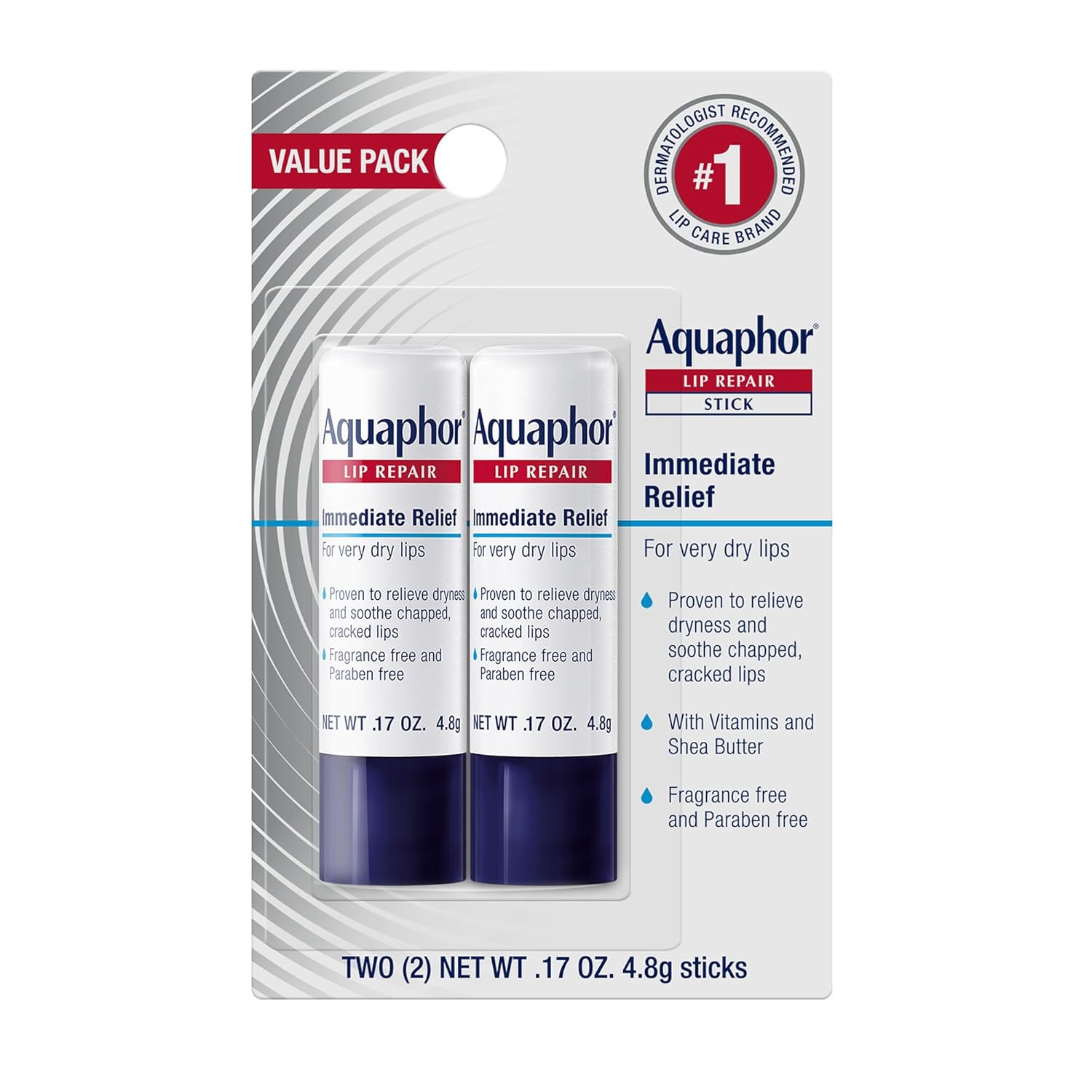 Aquaphor Lip Repair Stick - Moisturizing Lip Balm Multipack for Chapped & Dry Lips, 0.17 Oz, 2 Pack