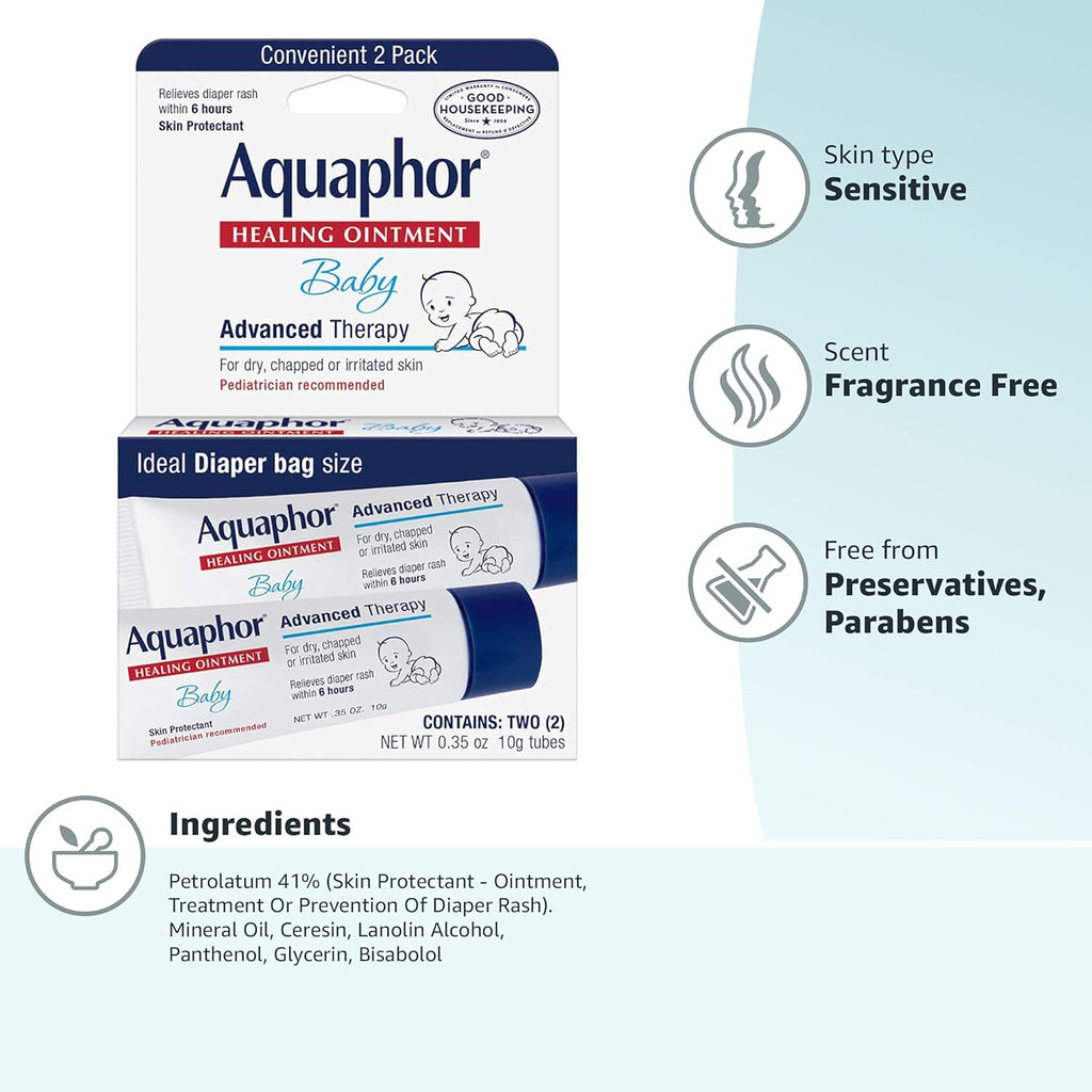 Aquaphor Baby Healing Ointment To-Go Pack | Advanced Therapy for Chapped Cheeks, Diaper Rash, and Dry Skin | 0.35oz Tubes, 2 Count | Gentle, Multi-Purpose Baby Skin Protectant