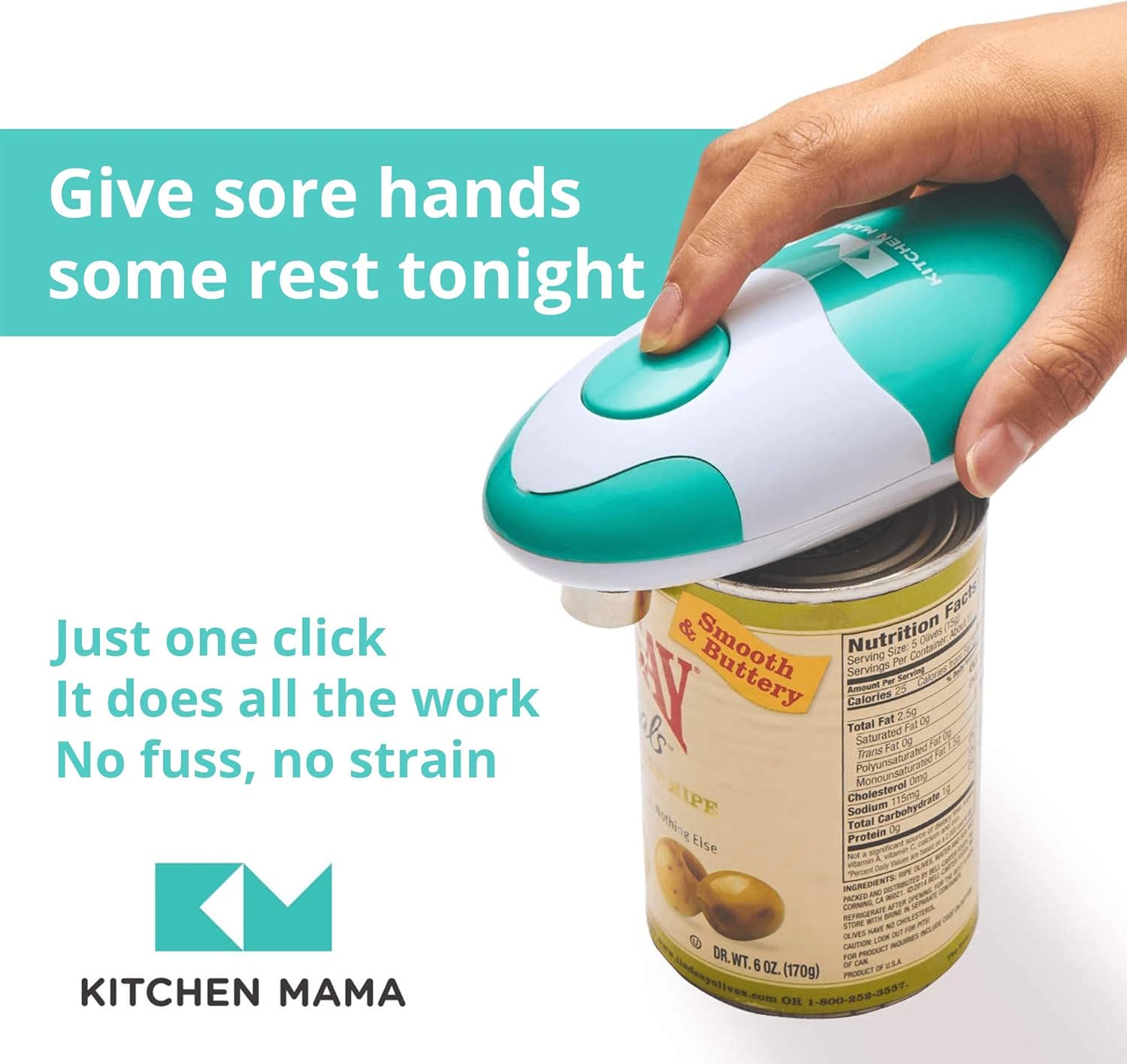 Kitchen Mama Auto Electric Can Opener – Hands-Free, Smooth Edge, Battery Operated, Food-Safe, Arthritis-Friendly, YES YOU CAN (Teal)