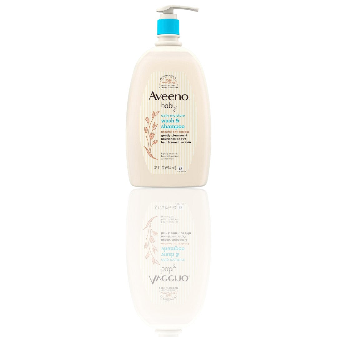 Aveeno Baby Daily Moisture Bath Wash & Shampoo – Natural Oat Extract, Tear-Free & Paraben-Free Formula for Sensitive Skin, 33 fl. oz