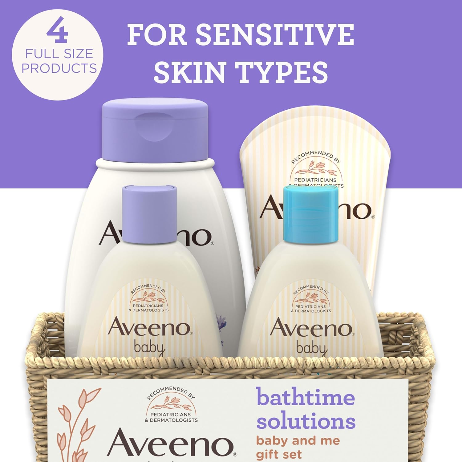 Aveeno Baby & Me Gift Set – Baby Wash & Shampoo, Calming Comfort Bath, Daily Moisture Lotion, and Stress Relief Body Wash for Mom – Oatmeal-Enriched, Hypoallergenic, 4-Piece Bundle