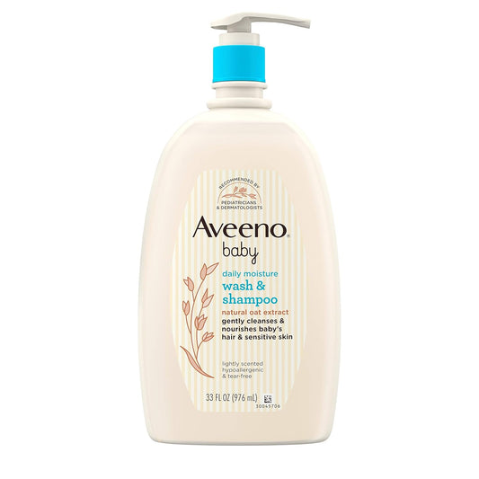 Aveeno Baby Daily Moisture Bath Wash & Shampoo – Natural Oat Extract, Tear-Free & Paraben-Free Formula for Sensitive Skin, 33 fl. oz